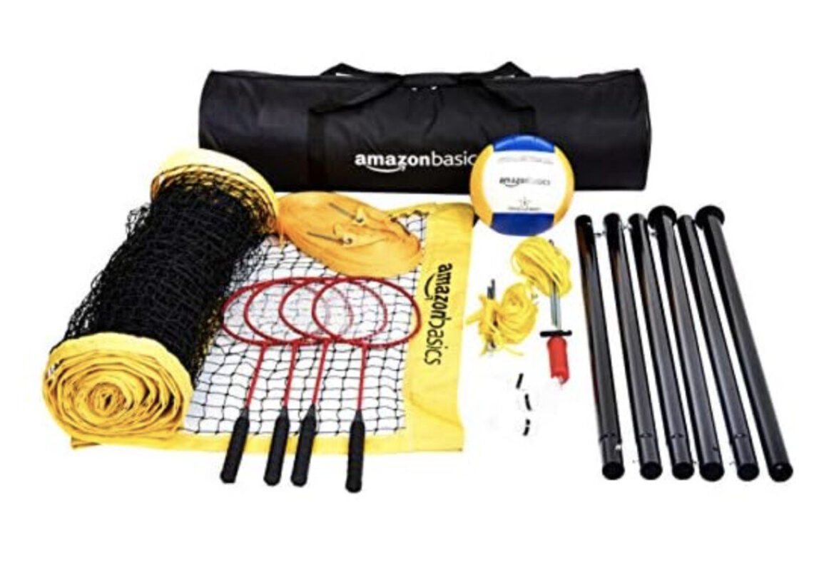 Amazon Basics Volleyball & Badminton Set - Outdoor Sports Bundle
