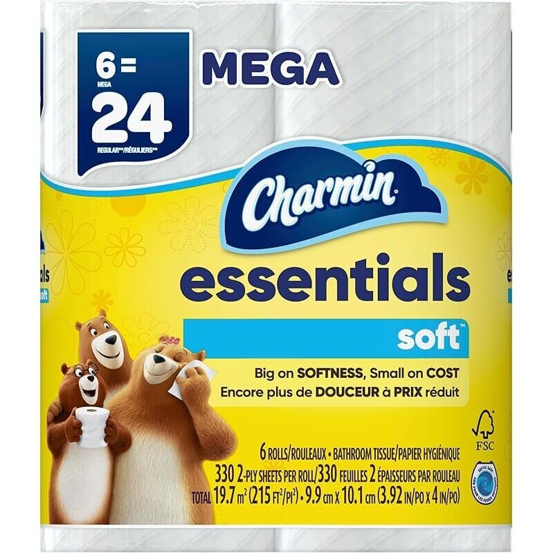 Charmin Essentials Soft Toilet Paper - 6 Mega Rolls, 330 Sheets