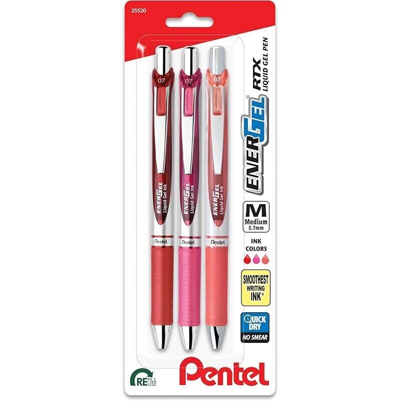 3pk Pentel EnerGel RTX Retractable Liquid Gel Pens - High Performance Writing