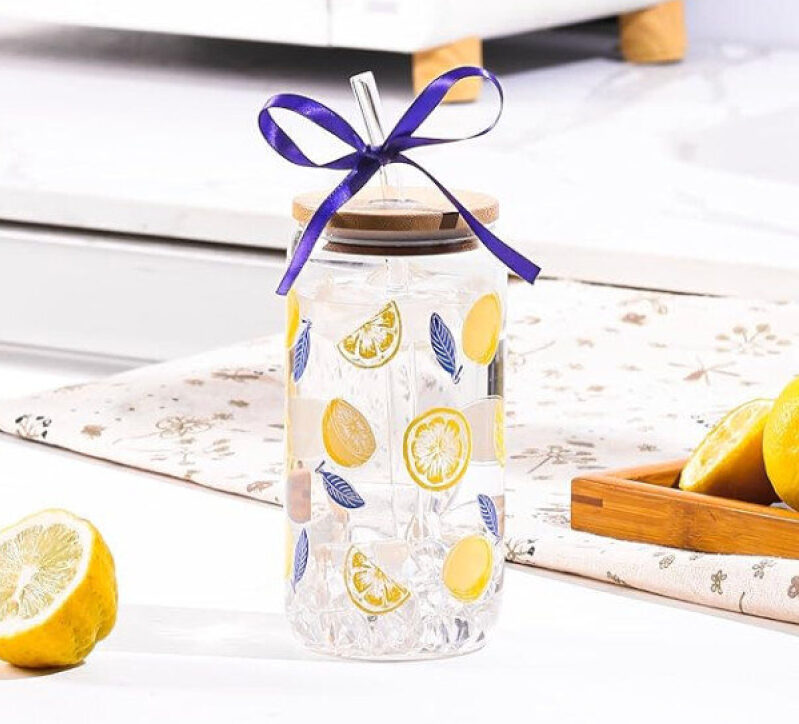 Elegant Lemon-Themed Glass Straw Cup Set - Prime Shipping