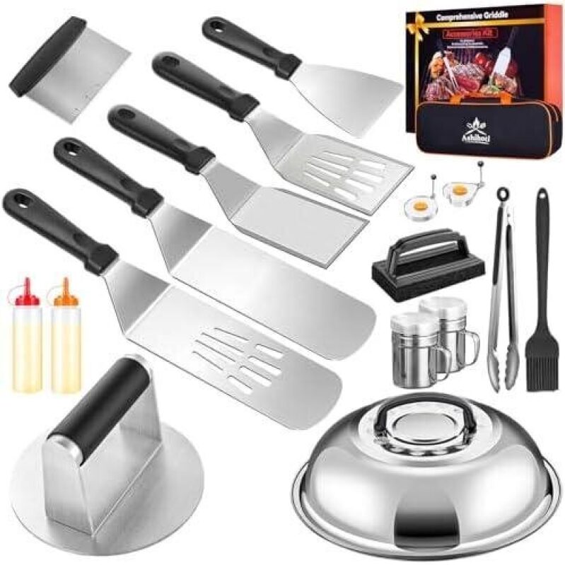 19-Piece BBQ Grill Utensil Set - Heavy Duty, Non-Stick, BBQ Tools Kit with Lid Cover