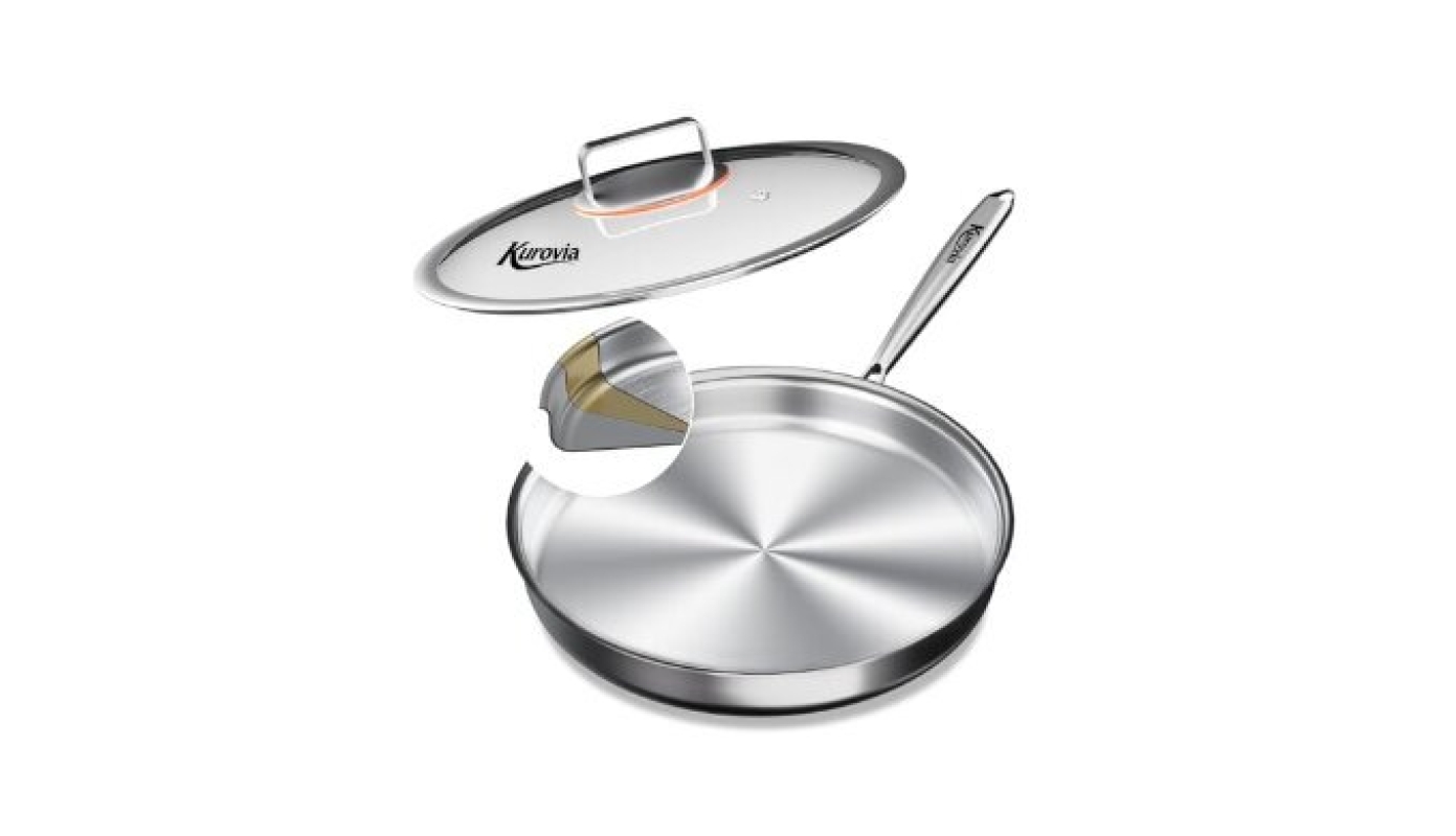 Kurovia Tri-Ply Stainless Steel Frying Pan with Lid - Large 12.4 Inch