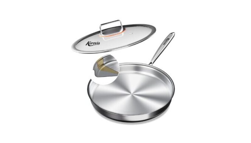 Kurovia Tri-Ply Stainless Steel Frying Pan with Lid - Large 12.4 Inch