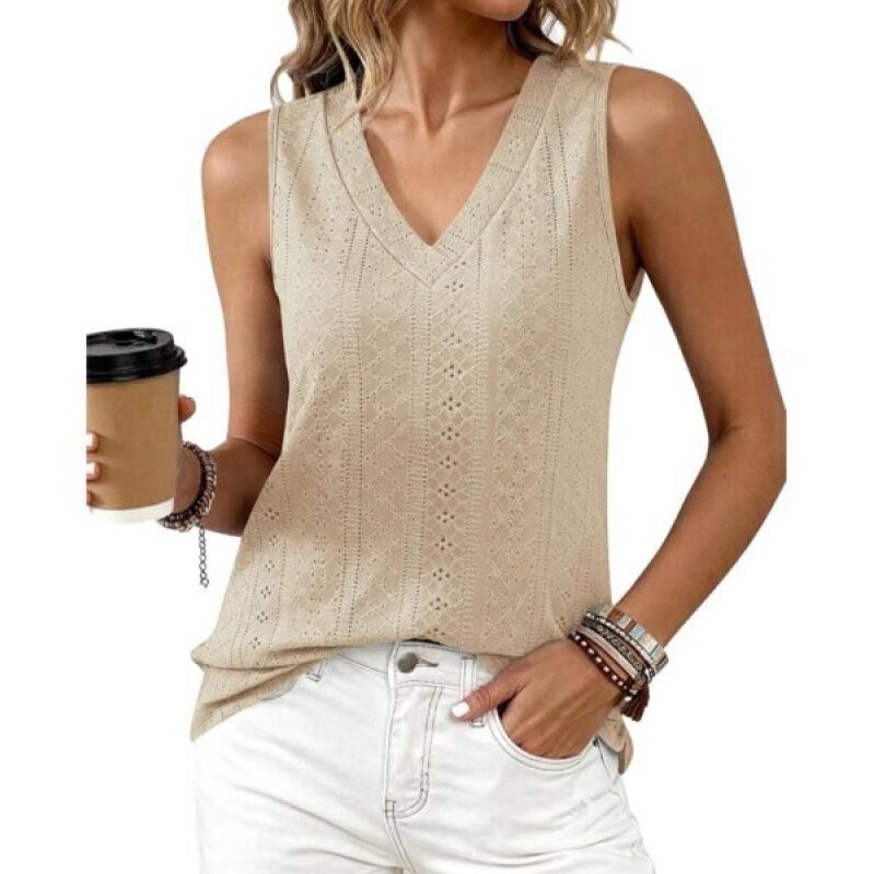 BTFBM Womens V-Neck Sleeveless Eyelet Tank Tops -50% Off