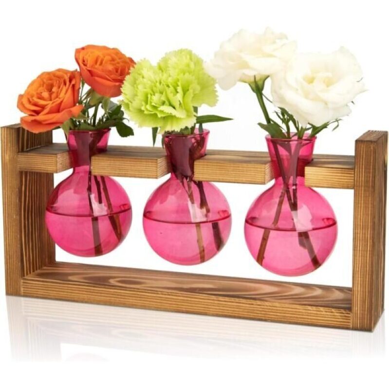 Elegant 3 Bulb Glass Propagation Station with Wooden Stand - Ideal for Home Office