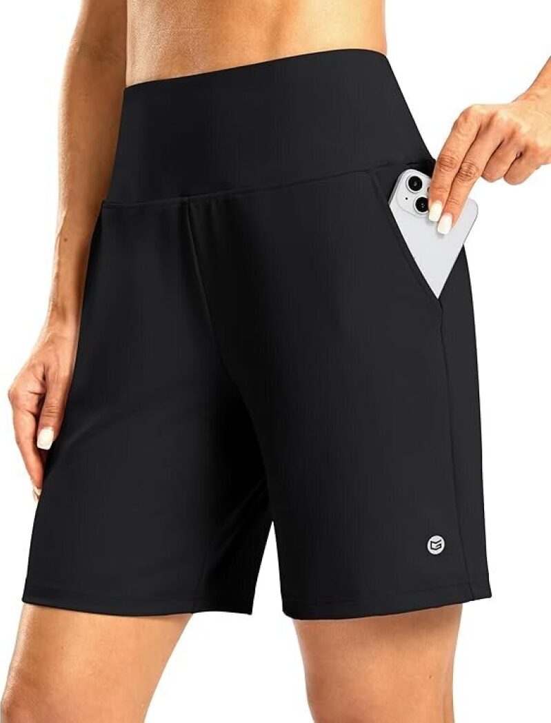 7-Inch High-Waisted Elastic Bermuda Shorts with Zipper Pockets for Women