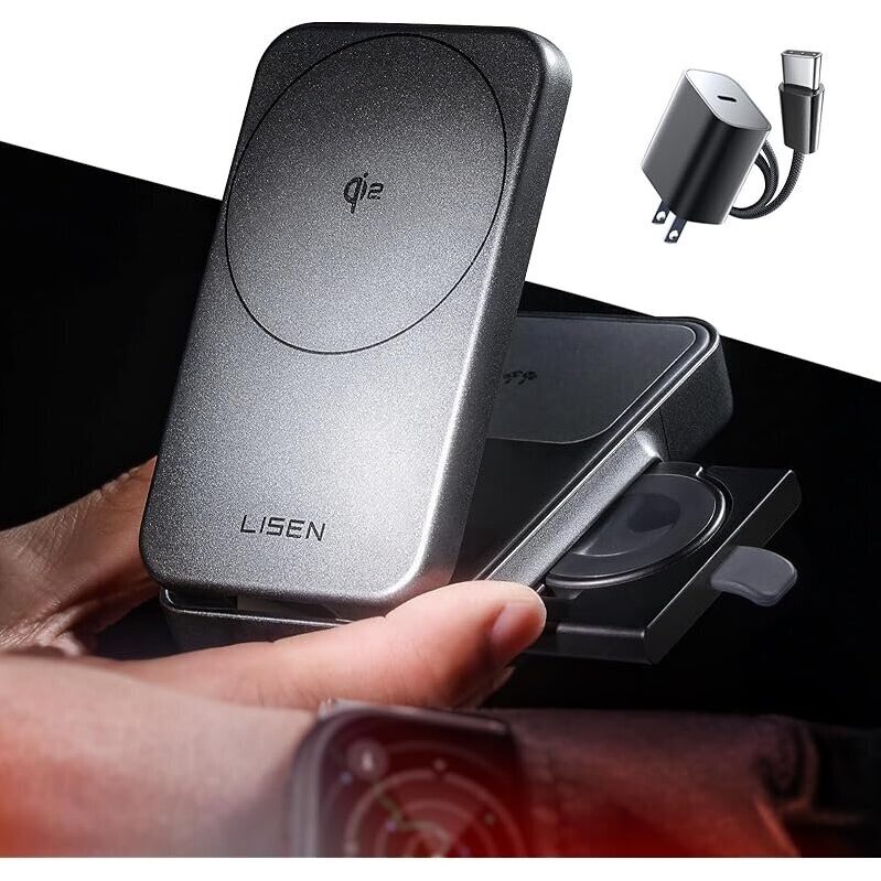 LISEN 3-in-1 Qi2 Certified 15W Magsafe Charger for iPhone 17 Pro Max