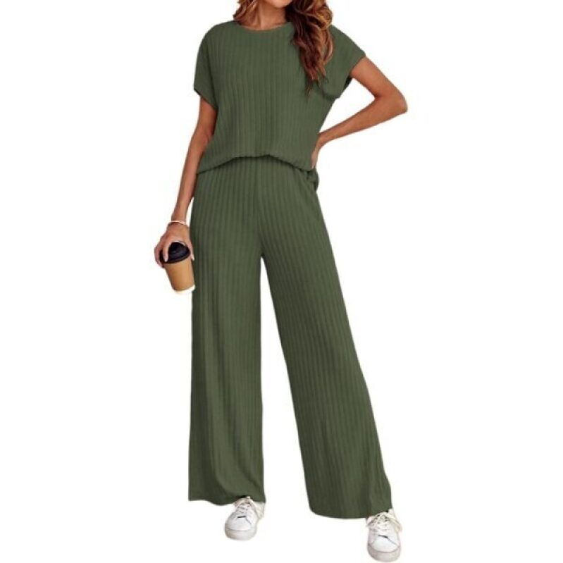 Ziqoty Women's Casual Two-Piece Set: Ribbed Knit Top and Wide-Leg Trousers