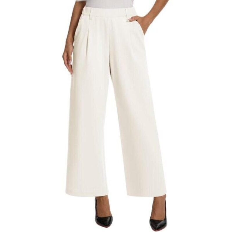 Amzdora Women's Casual Wide Leg Pants - High-Waist Elastic Palazzo Pants with Pockets - White