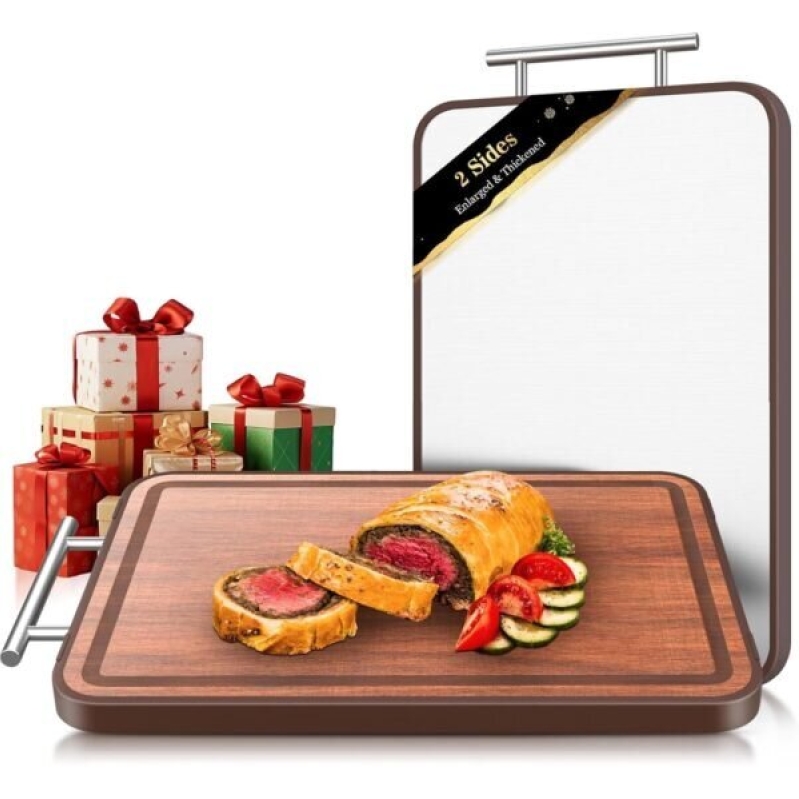 Dual-Sided Wood and Stainless Steel Cutting Board - Perfect for Kitchen Use