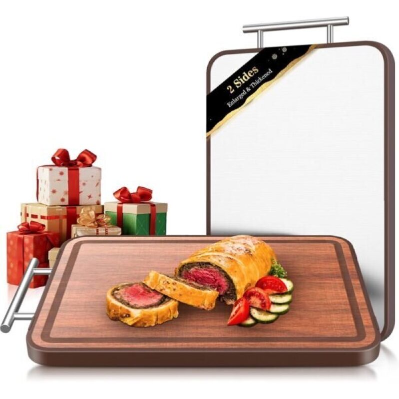 Dual-Sided Wood and Stainless Steel Cutting Board - Perfect for Kitchen Use