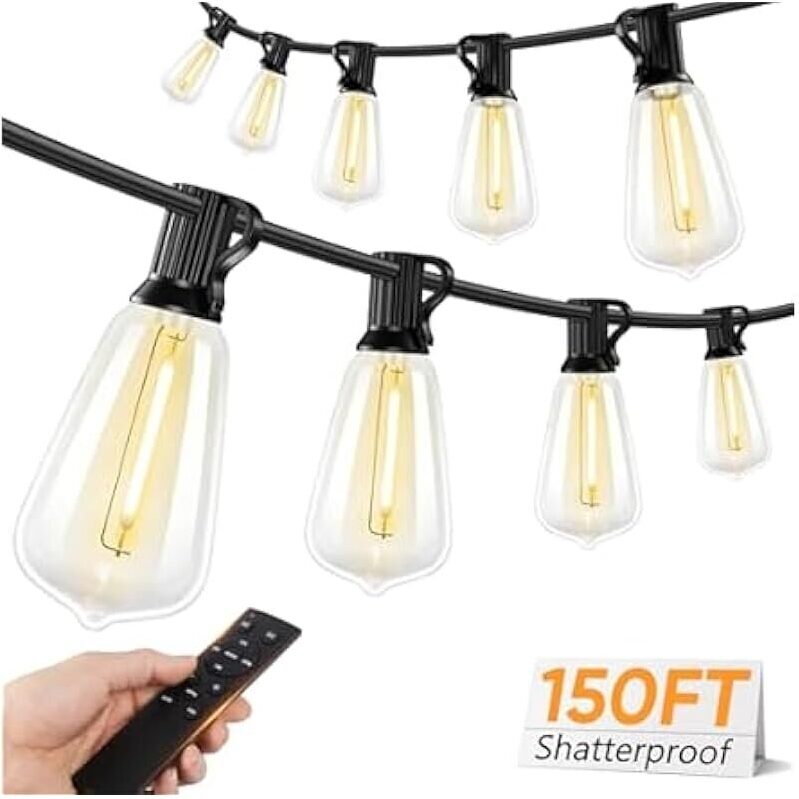 Brightever Outdoor String Lights with Remote - 150FT Warm, Shatterproof LED Lights for Patio