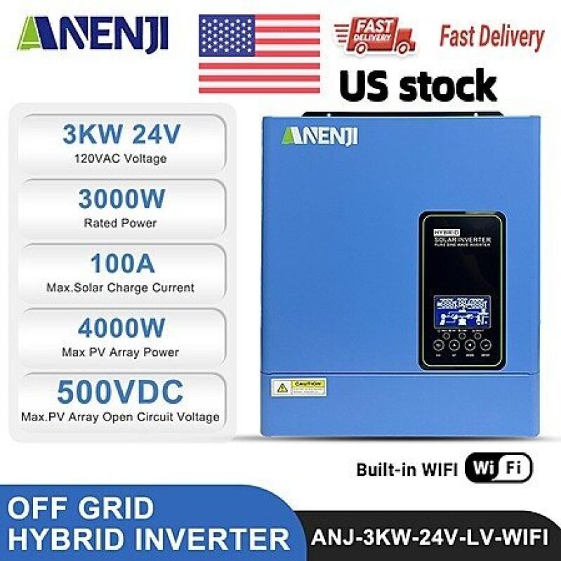 ANENJI 3KW 24V Hybrid Solar Inverter MPPT 100A Charger Controller Pure Sine Wave WiFi