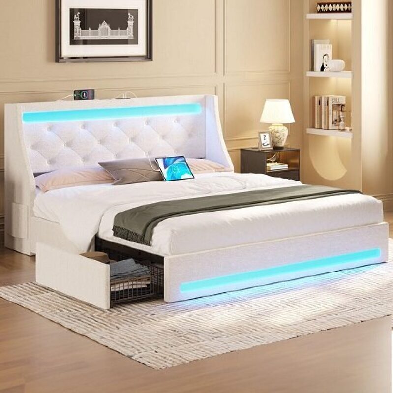 Rolanstar Queen Size Soft Panel Bed Frame with LED Lights and Charging Ports, Now at $214.99