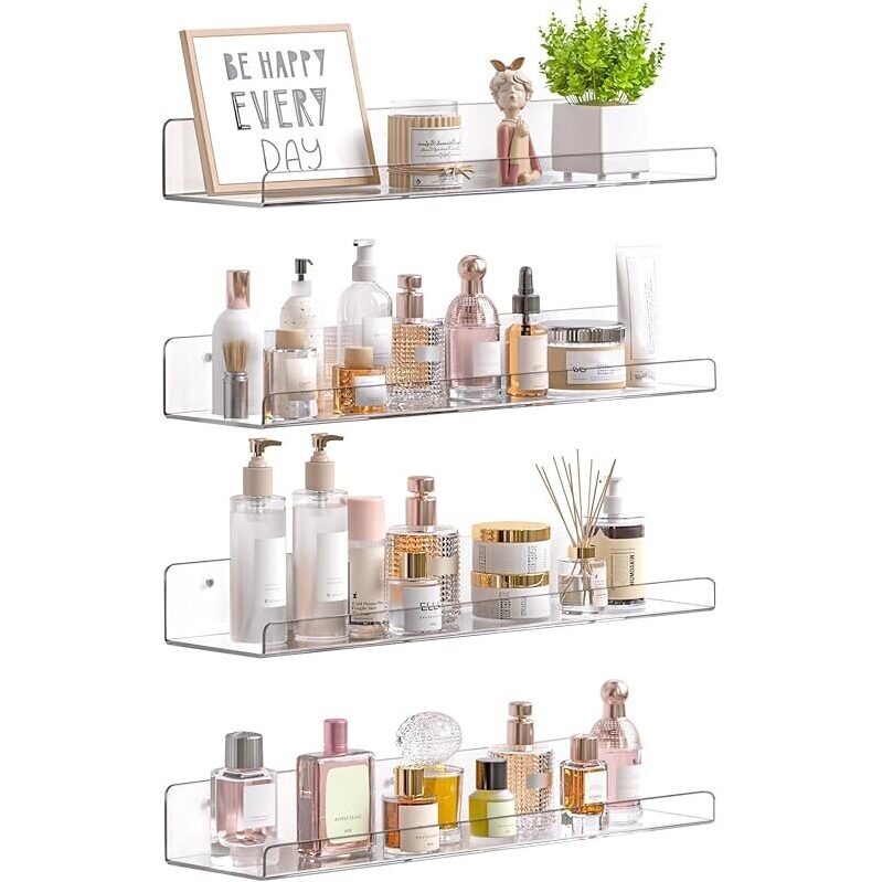 4-Pack Acrylic Bathroom Shelves - 15-Inch Wall-Mounted Storage