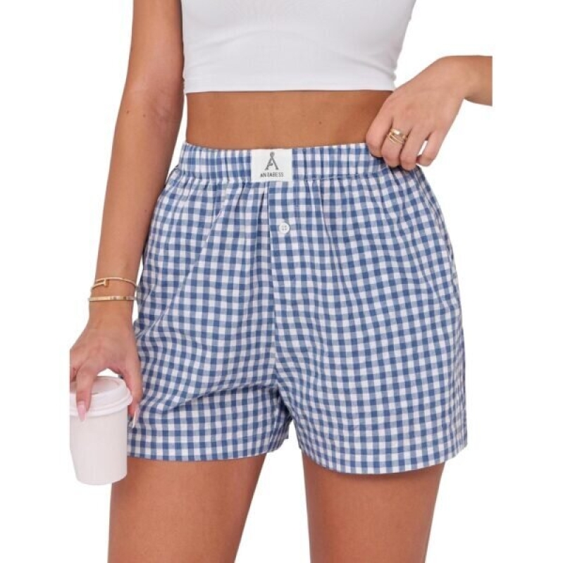 ANRABES Women's Blue and White Gingham Check Cotton Shorts - 44% Off
