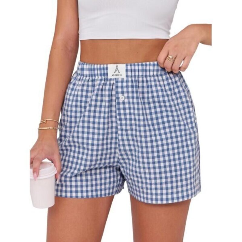 ANRABES Women's Blue and White Gingham Check Cotton Shorts - 44% Off