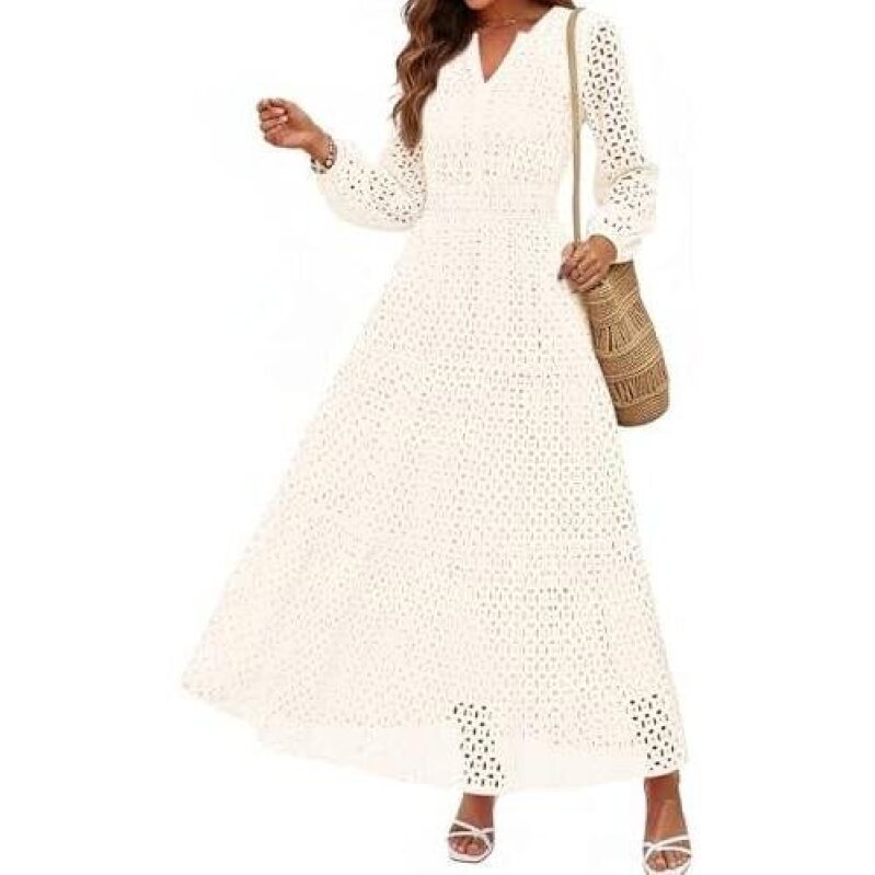 Elegant White V-Neck Lace A-Line Long Dress - 50% OFF