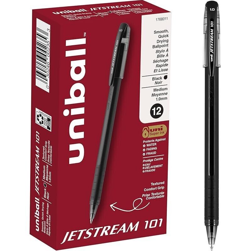 Premium Uniball Jetstream 101 Roller Ball Pens with Black Ink - Pack of 12