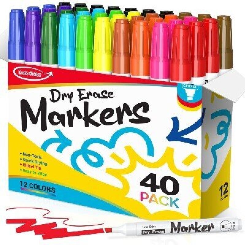 Dry Erase Markers, 40 Pack, 12 Colors - High-Quality, Non-Toxic, Quick Drying, Easy to Wipe