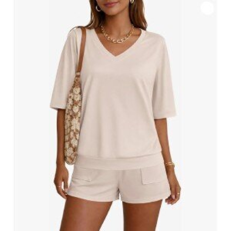 Ekouaer Women's V-Neck Short-Sleeve Short Set Loungewear