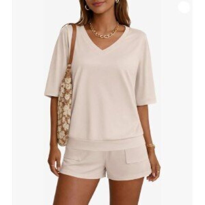 Ekouaer Women's V-Neck Short-Sleeve Short Set Loungewear