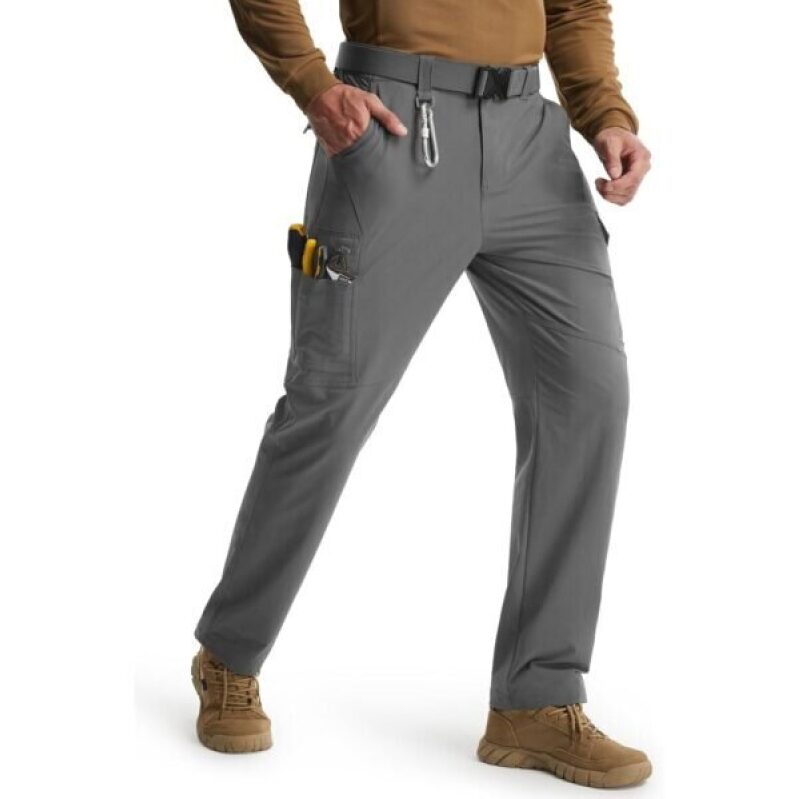 Men's Tactical Outdoor Work Pants - Waterproof, Stretchy, 9 Pockets, Gray
