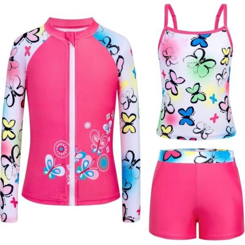 Girl's UV-Protective Butterfly Print Swimwear Set - Pink