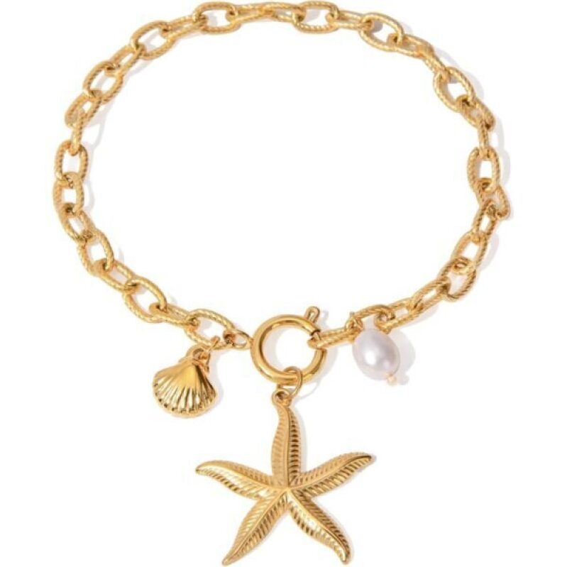 Golden Starfish Chain Bracelet with Pearl and Shell - Elegant Beach Jewelry