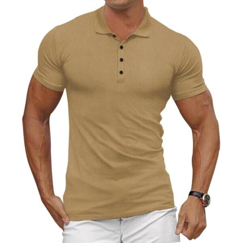 Men's Casual Polo Shirt - Classic Buttons, Short Sleeve, Waffle Pattern, Solid Fit Golf Shirt, Stylish Top
