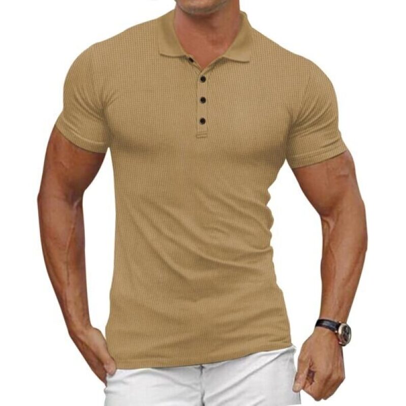 Men's Casual Polo Shirt - Classic Buttons, Short Sleeve, Waffle Pattern, Solid Fit Golf Shirt, Stylish Top