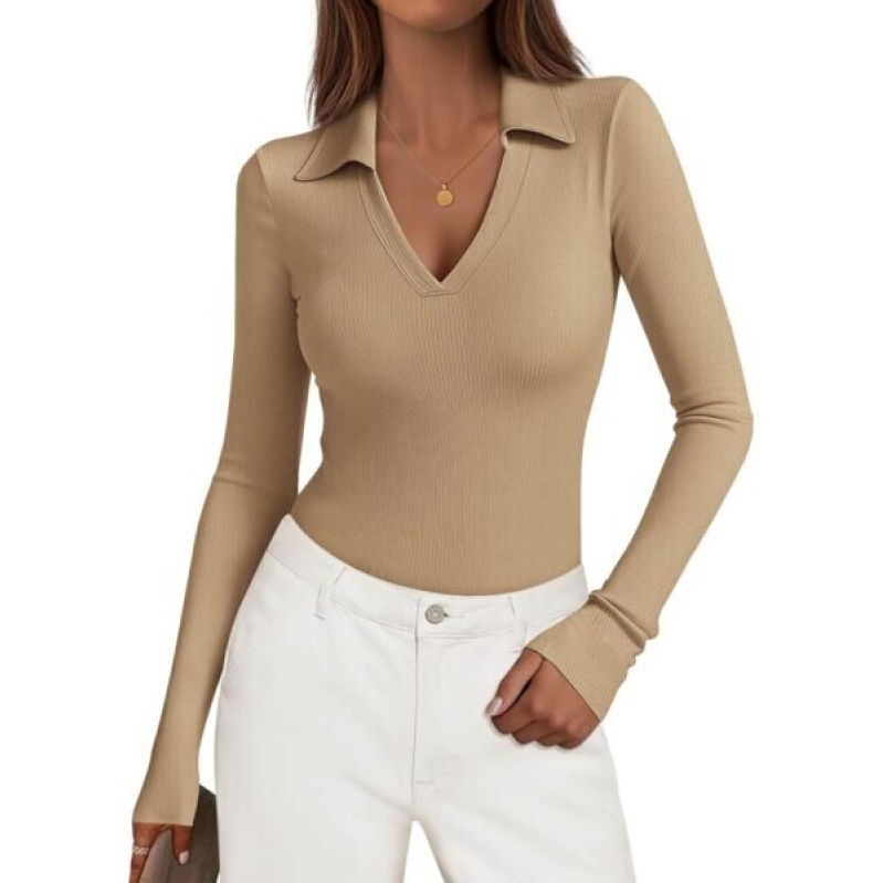 KIRUNDO Women's Ribbed Knit V-Neck Long Sleeve Business Casual Top