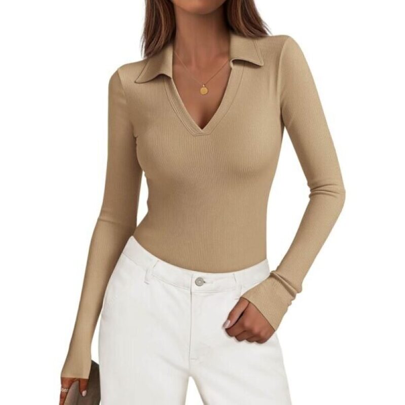 KIRUNDO Women's Ribbed Knit V-Neck Long Sleeve Business Casual Top