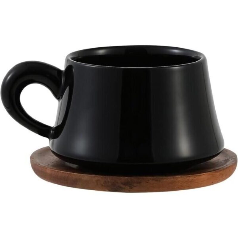 Elegant Black Cappuccino Cup with Wooden Coaster - 52% Off