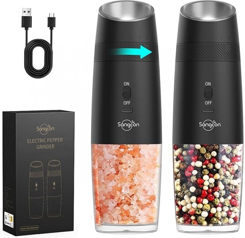 Sangcon Gravity Electric Salt and Pepper Grinder Set - Rechargeable, Automatic, LED Light