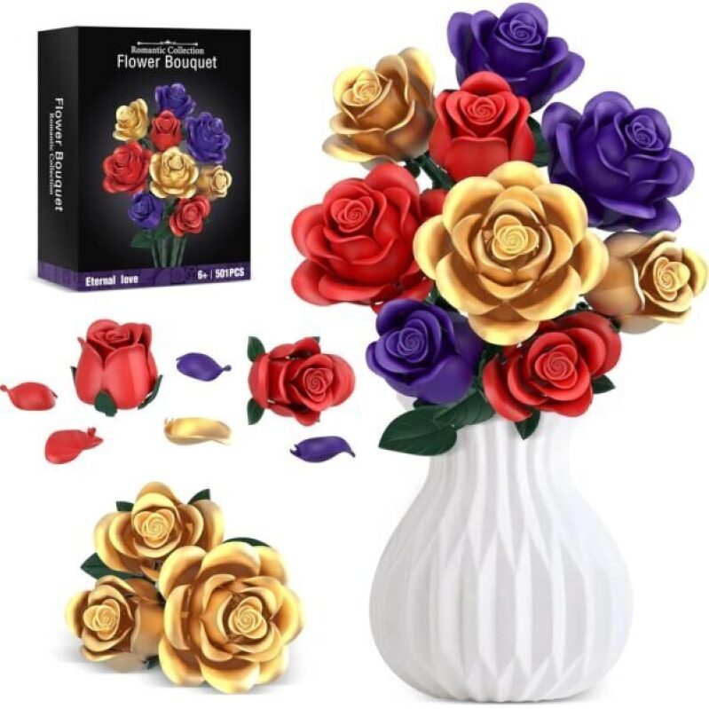 Rose Bouquet Flowers Building Set - 501 Pcs, Multi-Color Artificial Roses