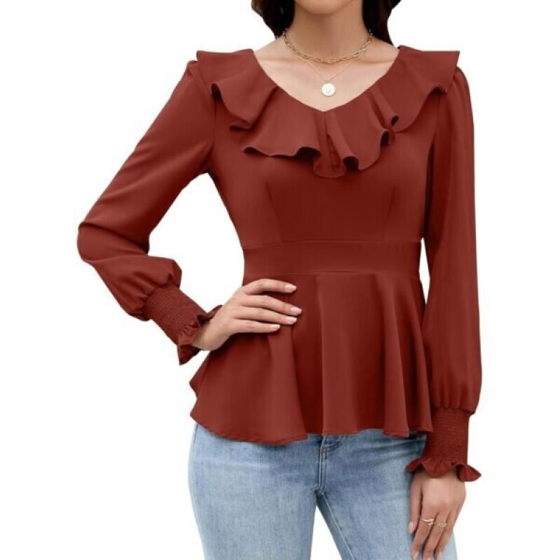 Elegant Caramel V-Neck Blouse - Perfect for Casual and Business Wear