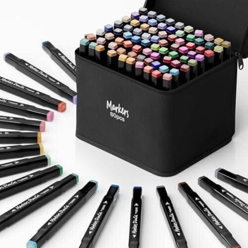 80 Color Double-Tip Alcohol Markers Set - Ideal for Adult Coloring/Gifts