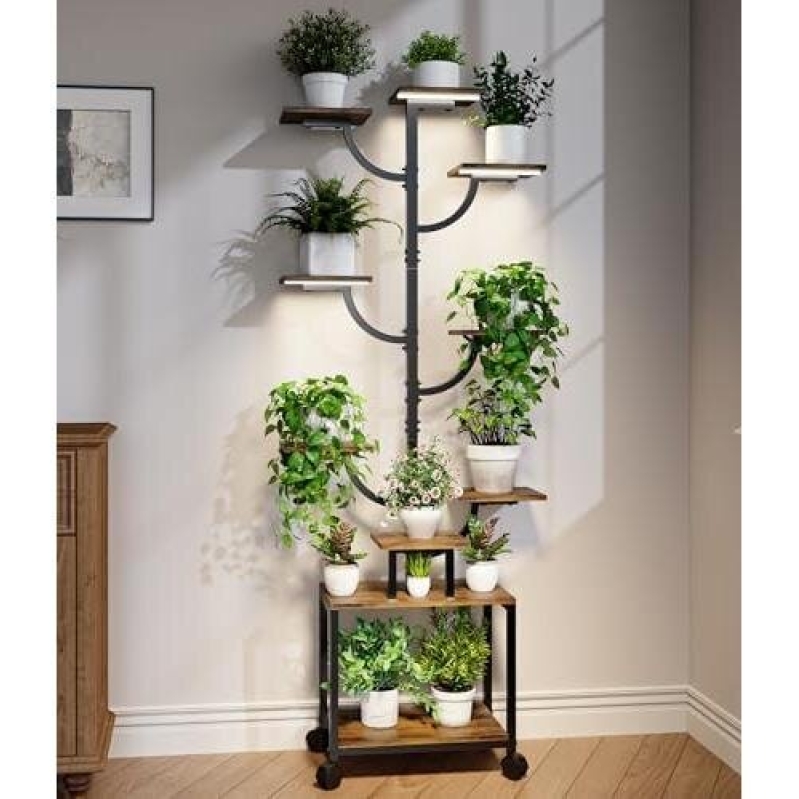 9-Tier Mobile Indoor Plant Stand with Lights - 62 Inches, Waterproof, on Wheels
