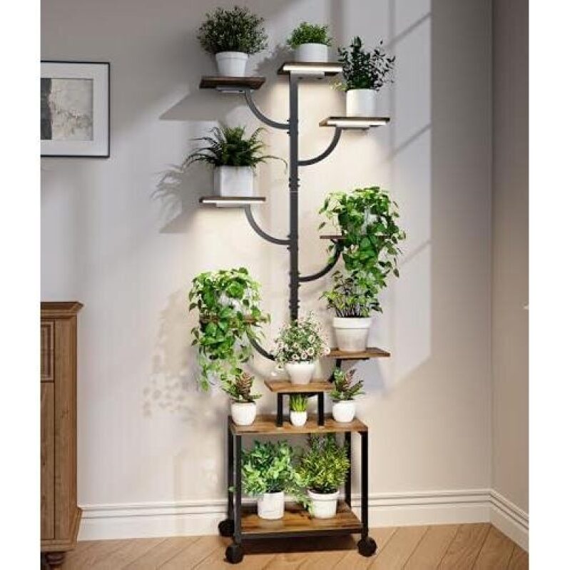 9-Tier Mobile Indoor Plant Stand with Lights - 62 Inches, Waterproof, on Wheels