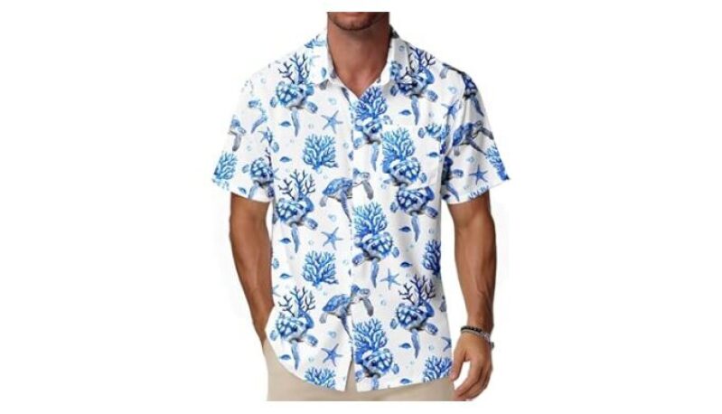 Men’s Hawaiian Shirt Short Sleeve, Tropical Beach Button Down