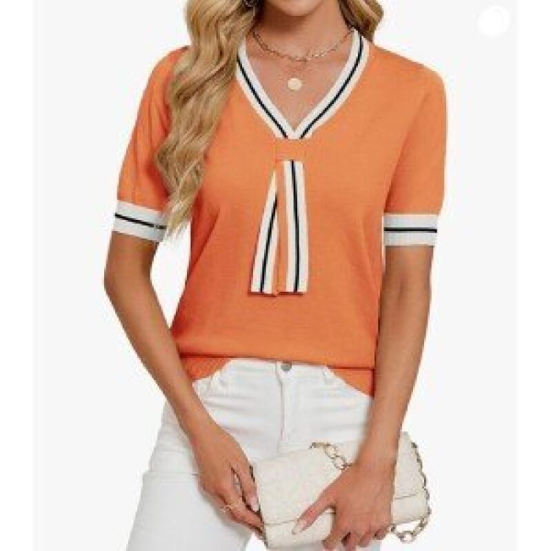 Libsorge Women's V-Neck Bow Short Sleeve Knit Top - Orange