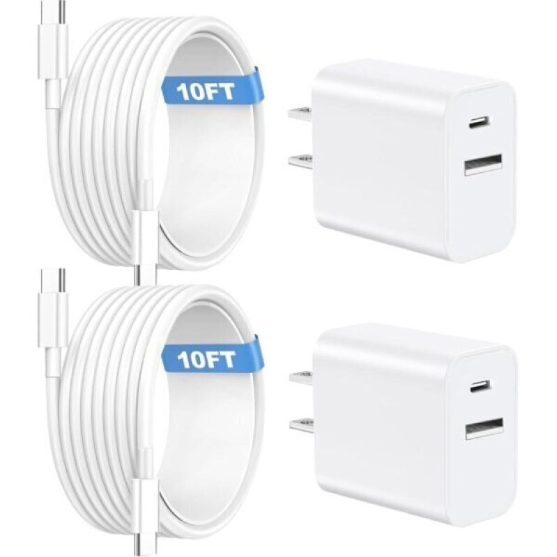 Dual Port 20W USB C & USB A Charger with 10ft Cable - Compatible with iPhone 15/16