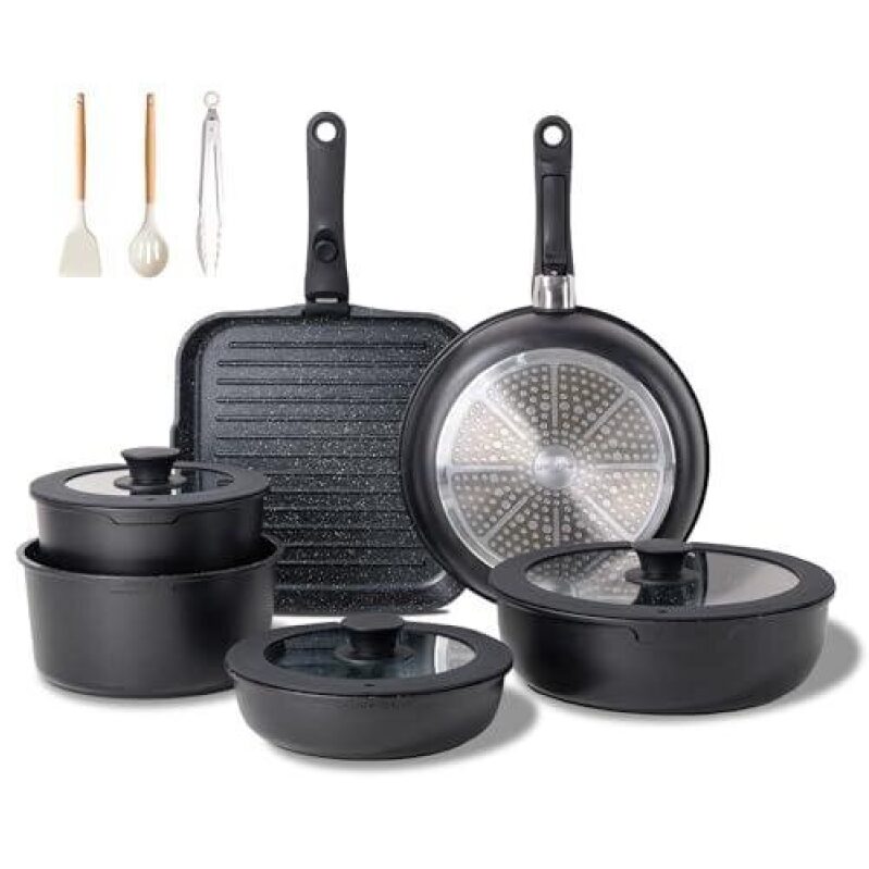 Premium Non-Stick Cookware Set with Detachable Handles - 6 Pieces/19 Accessories