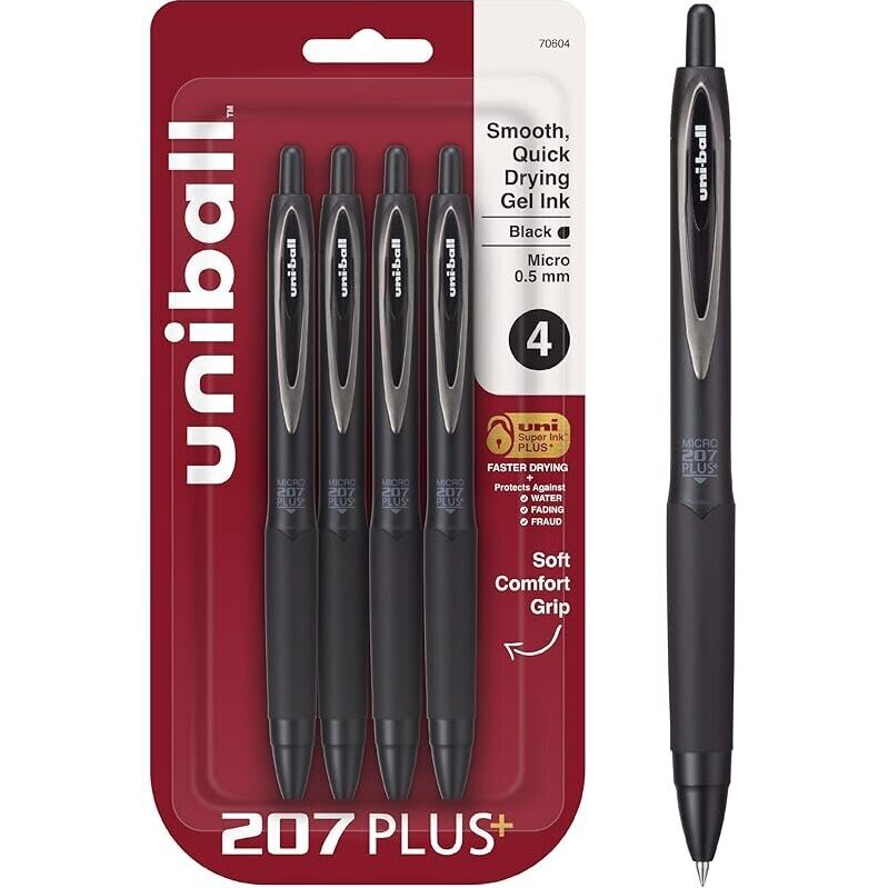 4-Pack Uni-Ball 207+ Black Retractable Gel Pens