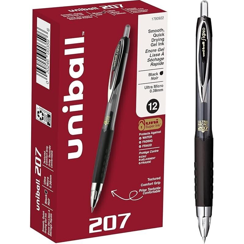 12pk Uni-ball 207 Retractable Gel Pens, Ultra Micro Point, Black