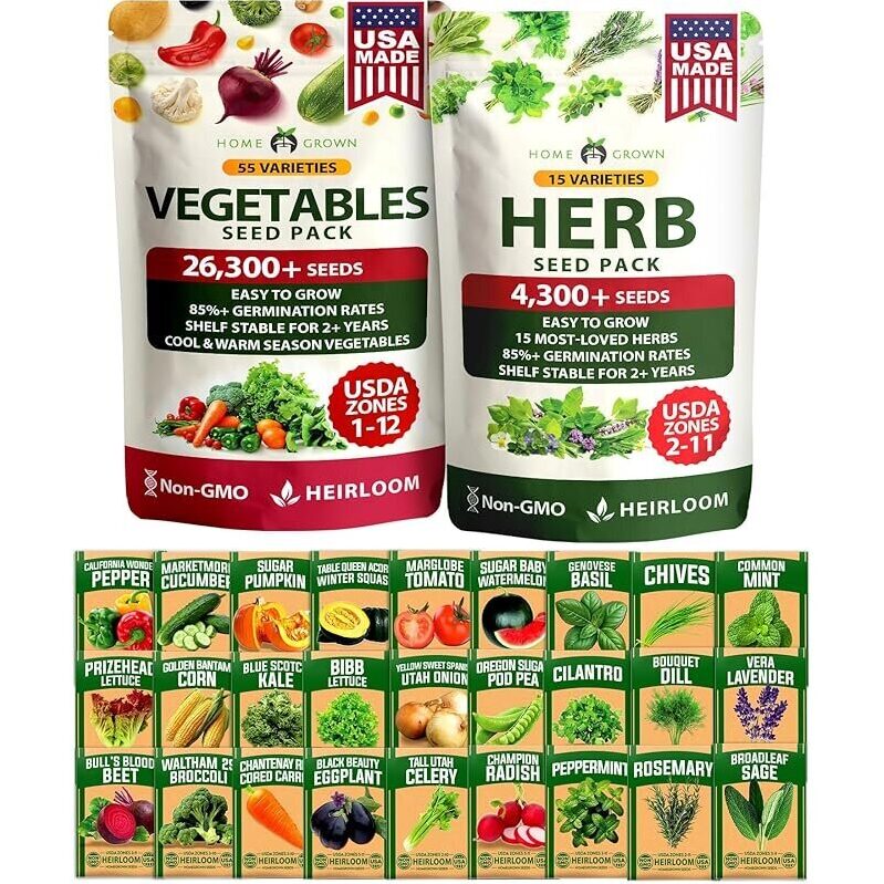 70 Variety Vegetable & Herb Seeds - Home Grown USA Made Seed Pack