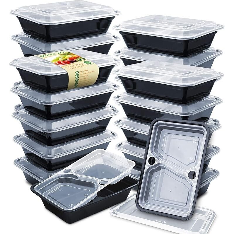 20-Pack 36oz Meal Prep Containers - 3 Compartment Stackable, Microwave Safe