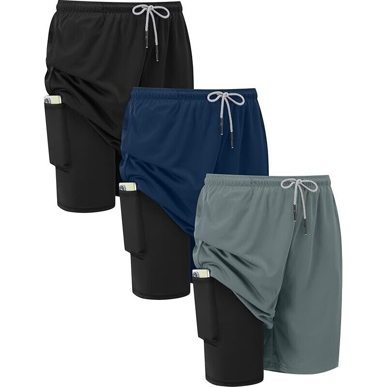 3-Pack HovSiyla Mens 2 in 1 Running Shorts with Zipper Pocket
