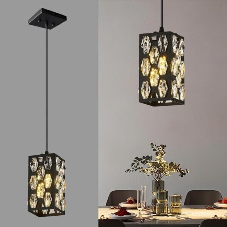 Modern Black Crystal Pendant Light - Perfect for Kitchen Island, Dining Room, and Bedroom